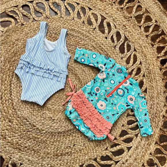 Ruffle Butts Toddler Girls Swimsuit Size 0-3 Months 1 Pc Rashguard Island Dream - Picture 1 of 5
